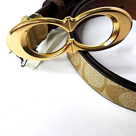 Coach Women's Signature Gold/Khaki Buckle Belt, 25 Mm Size L - Picture 2 of 4
